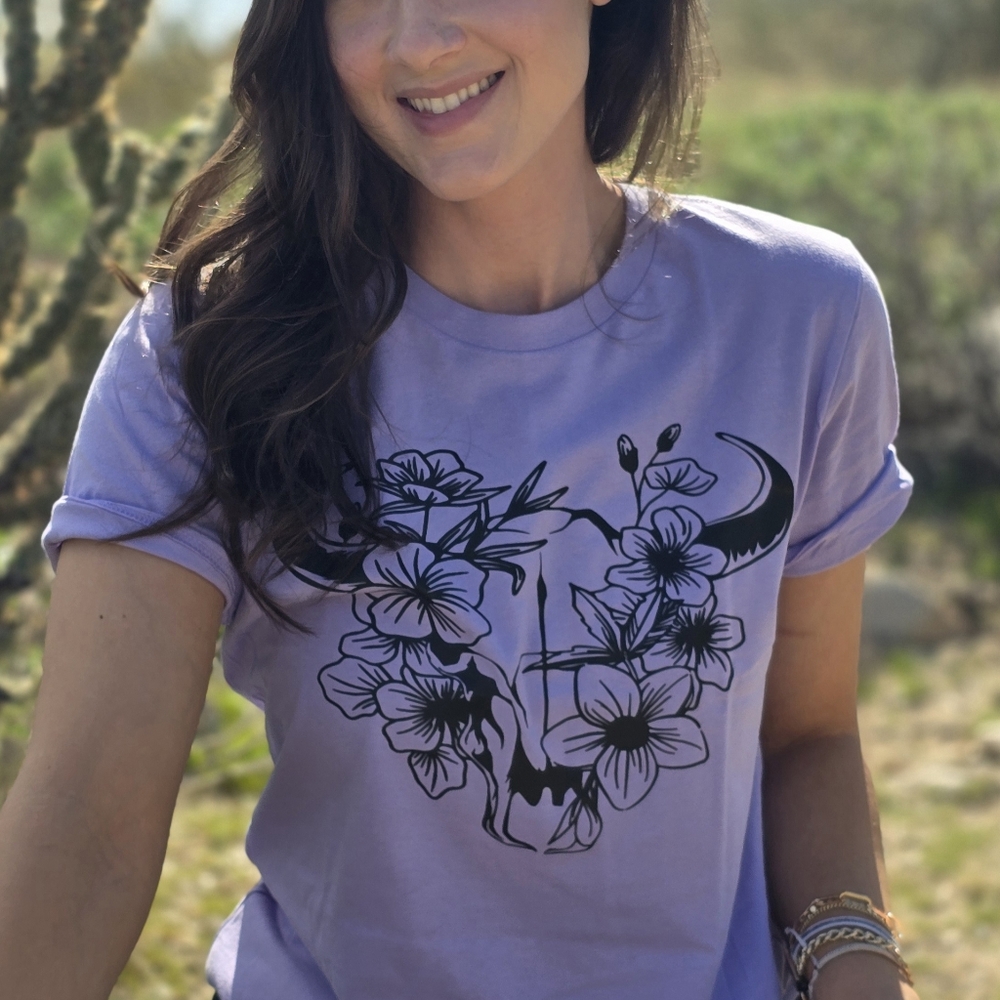 Western Floral Cow Skull Graphic Lavender T-Shirt